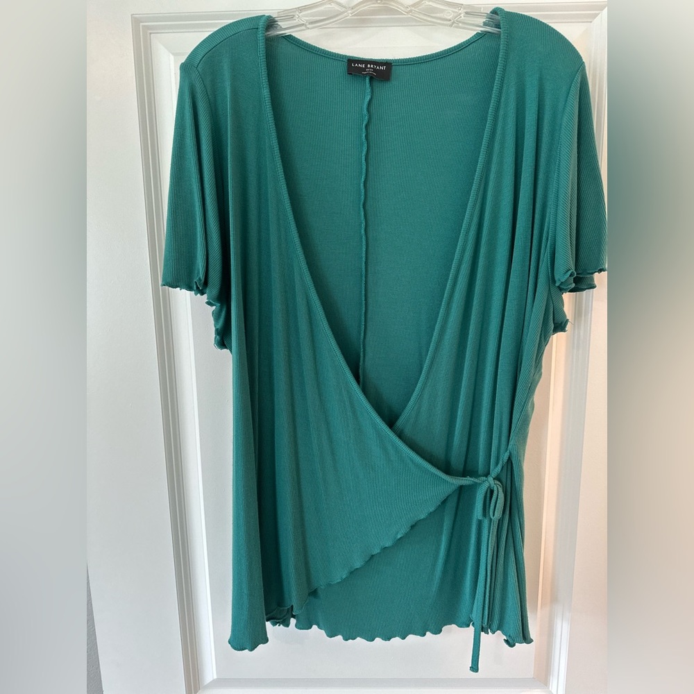 Lane Bryant Turquoise Knit Wrap Top with Flutter Sleeves - Picture 2 of 6